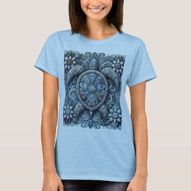 Camiseta Tortuga de flores - Azul (Anverso)