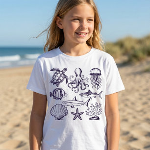 Camiseta  Tortuga de playa de verano Pez Pulpo Tiburón Conc