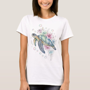 Camiseta Tortuga marina de fantasía con flores y Bu perlado