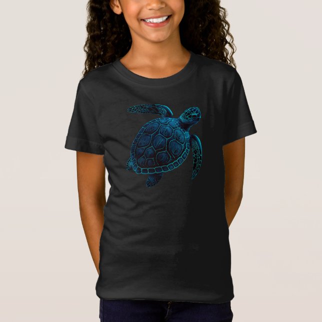 Camiseta tortuga marina, estilo tatuaje, dibujo digital azu (Anverso)