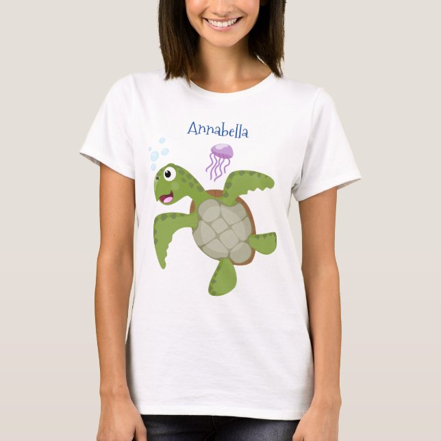 Camiseta Tortuga marina verde suave feliz ilustracion perso (Anverso)