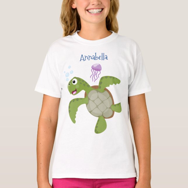 Camiseta Tortuga marina verde suave feliz ilustracion perso (Anverso)