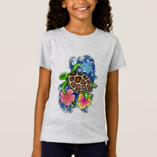 Camiseta Tortuga tropical marina e Hibiscus
