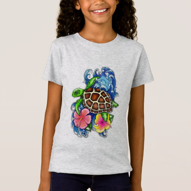 Camiseta Tortuga tropical marina e Hibiscus (Anverso)