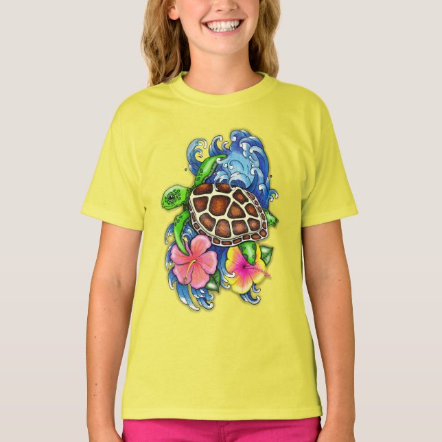 Camiseta Tortuga tropical marina e Hibiscus (Anverso)