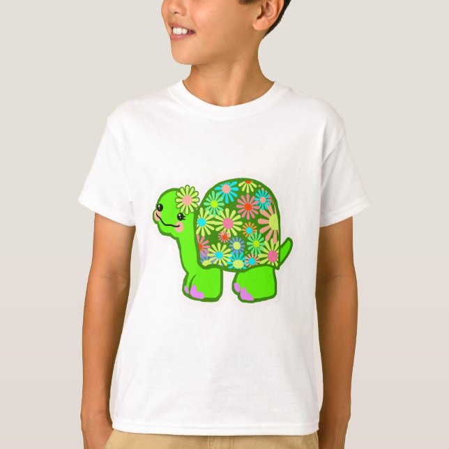 Camiseta Tortuga verde suave con caparazón de flores retro  (Anverso)