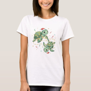 Camiseta Tortugas Festivas Luces de Cadena Enredadas Arte E