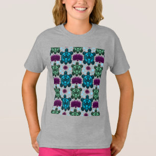 Camiseta Tortugas marinas verde y azul patrón de loto 