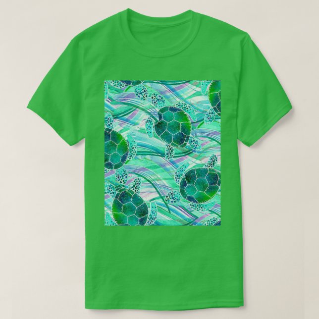 Camiseta Tortugas verdes sobre el patrón abstracto de olas (Diseño del anverso)