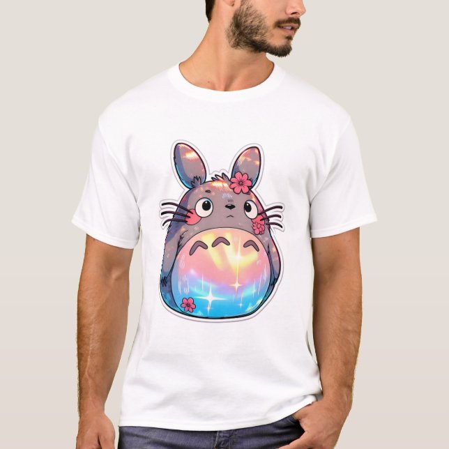 Camiseta Totoro with Rainbow Belly and Flowers Cute Whimsic (Anverso)