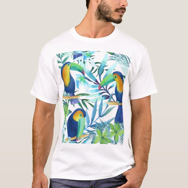 Camiseta Toucanes Tropicales: Patrón de Flores Exóticas. (Anverso)