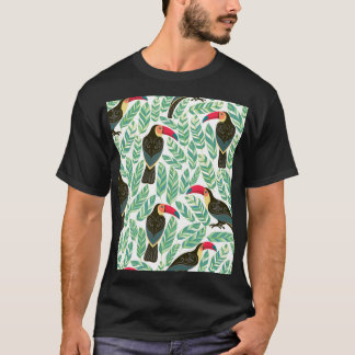 Camiseta Toucans, hojas tropicales, patrón decorativo.