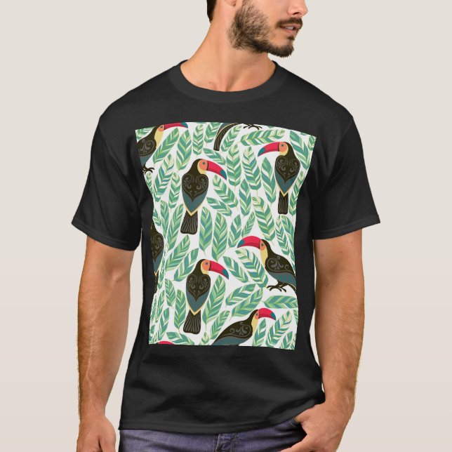 Camiseta Toucans, hojas tropicales, patrón decorativo. (Anverso)