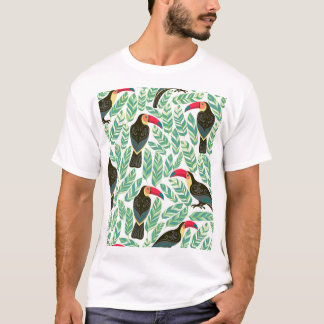 Camiseta Toucans, hojas tropicales, patrón decorativo.