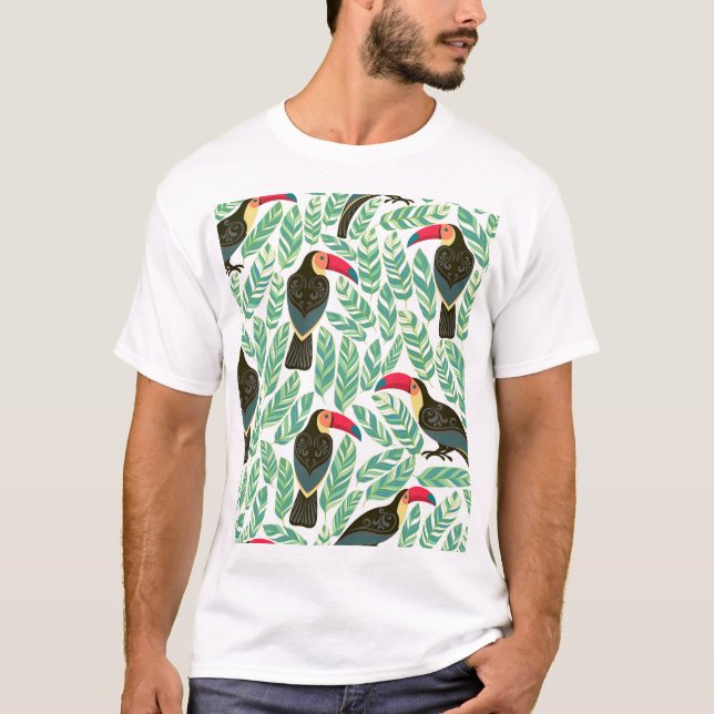 Camiseta Toucans, hojas tropicales, patrón decorativo. (Anverso)