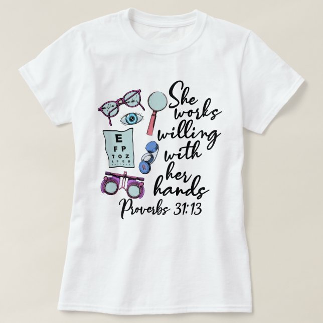 Camiseta Trabaja Con Su Optometría Biblia De Mano (Diseño del anverso)