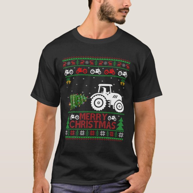 Camiseta Tractor de granja Xmas Tree iluminó a Santa Farmer (Anverso)
