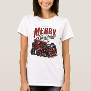 Camiseta Tractor Rojo Antiguo Feliz Navidad Granja