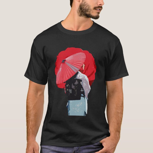 Camiseta Tradicional Vermelho Gueixa Kimono Arte Gráfica (Anverso)