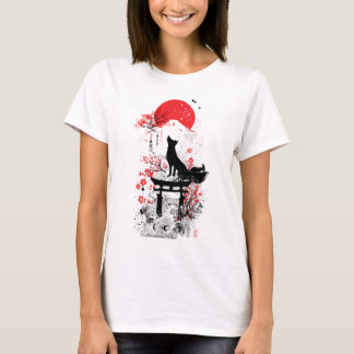 Camiseta Traditional Red Black Japanese Kitsune Fox with Mo