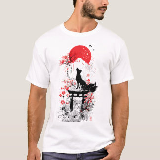 Camiseta Traditional Red Black Japanese Kitsune Fox with Mo