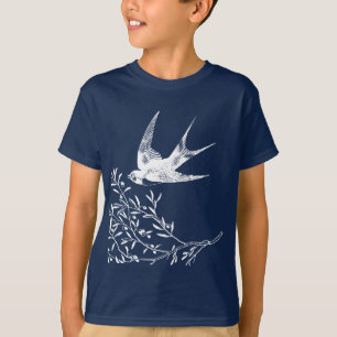 Camiseta Tragar aves que vuelan sobre ramas de olivo