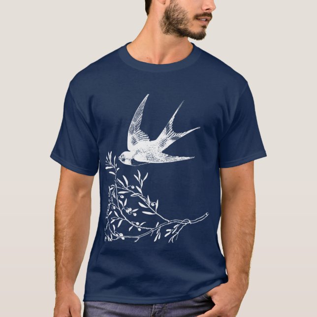 Camiseta Tragar aves que vuelan sobre ramas de olivo (Anverso)
