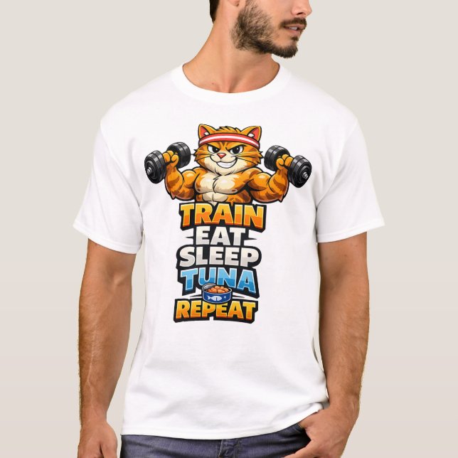 Camiseta Train Eat Sleep Tuna Repeat Funny Gym Cat Shirt (Anverso)