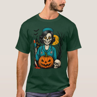 Camiseta Traje de enfermera esqueleto espeluznante de Hallo
