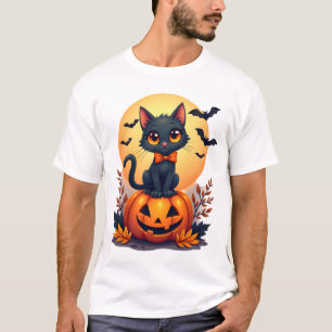 Camiseta Traje de Halloween de Calabaza de Gato Negro Retro