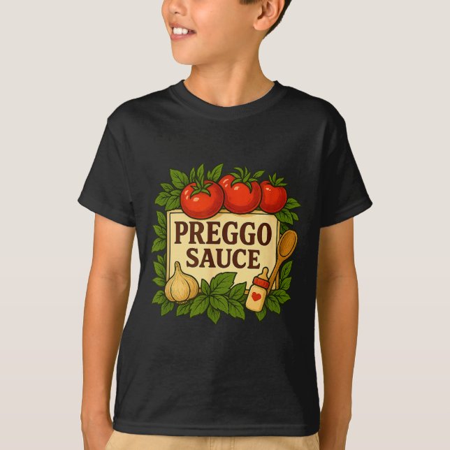 Camiseta Traje de Salsa Preggo Divertido Anuncio de Embaraz (Anverso)