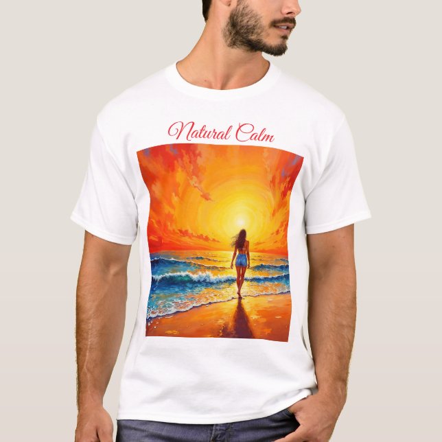 Camiseta Tranquilo paseo en la costa atardecer océano arte  (Anverso)