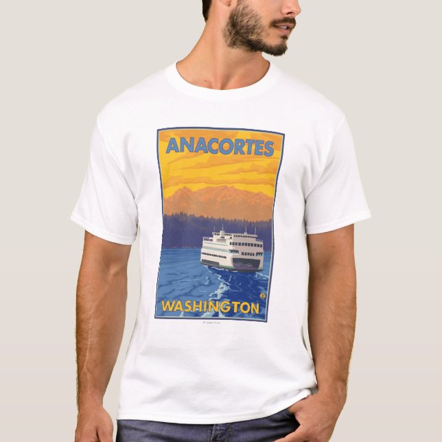Camiseta Transbordador y montañas - Anacortes, Washington (Anverso)