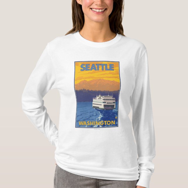 Camiseta Transbordador y montañas - Seattle, Washington (Anverso)