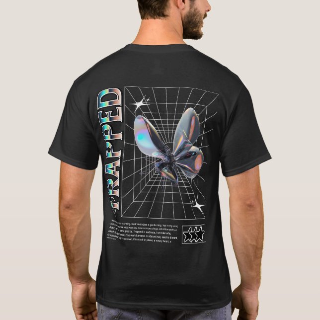 Camiseta TRAPPED – Futuristic Butterfly Y2K Grid Art (Reverso)