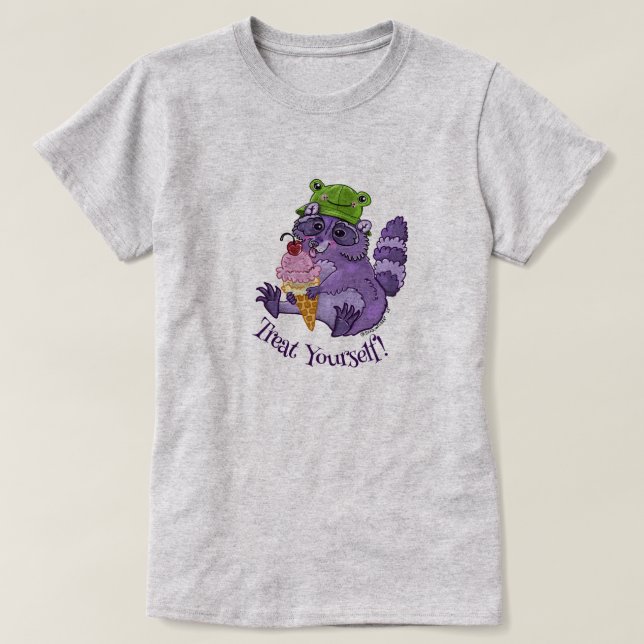 Camiseta Trate usted mismo, mapache púrpura con icecream (Diseño del anverso)