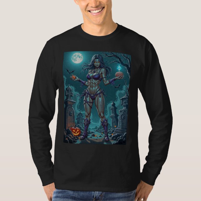 Camiseta Trato de Halloween o Novia Zombie con cerebros (Anverso)