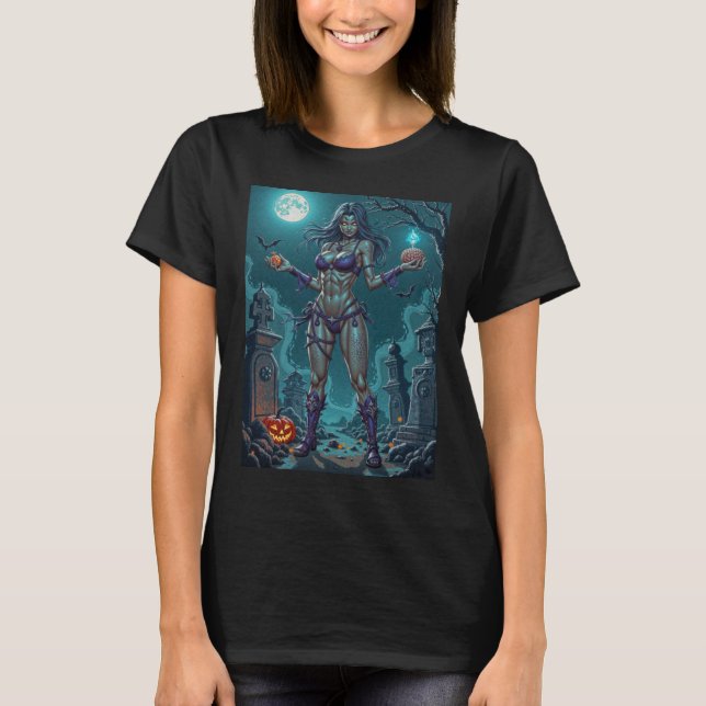 Camiseta Trato de Halloween o Novia Zombie con cerebros (Anverso)