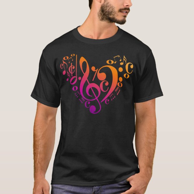 Camiseta Treble Bass Clef Musical Notes Colorful Heart (Anverso)