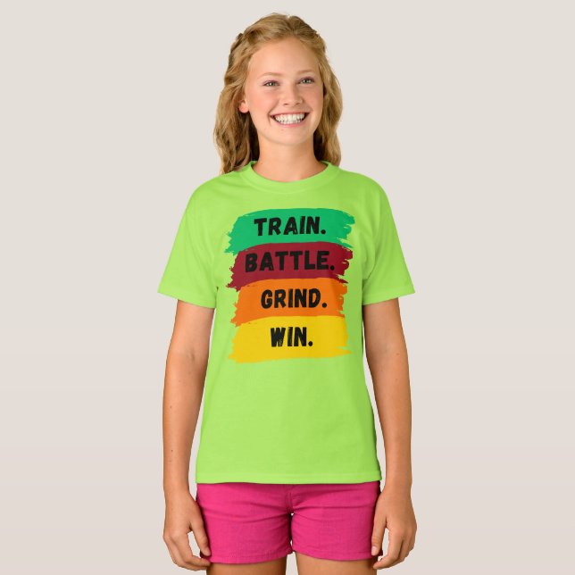 Camiseta Tren, Batalla, Grind, Gana eslogan motivacional (Anverso completo)