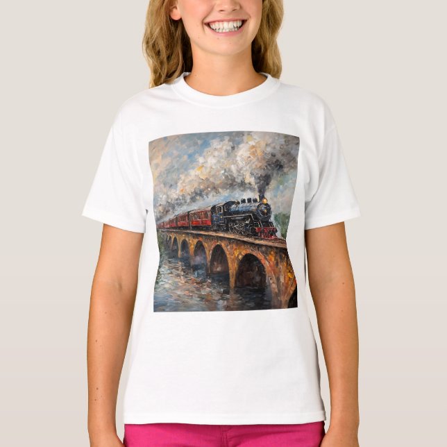 Camiseta Tren de vapor en un puente - pintura al petróleo (Anverso)