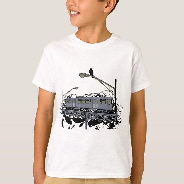 Camiseta Tren y cuervos ilustrados artísticos urbanos (Anverso)