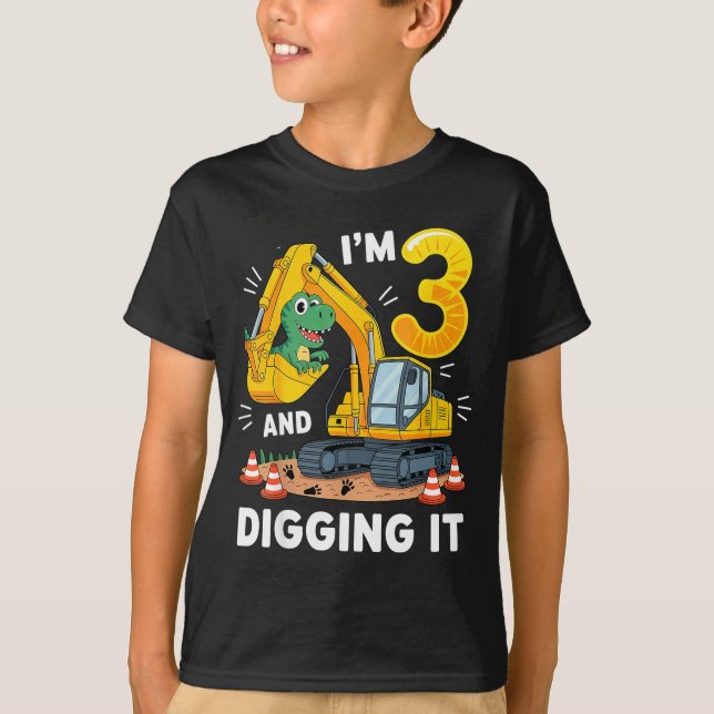 Camiseta Tres 3 años Cumpleaños Construcción Dinosaurio Niñ (Anverso)
