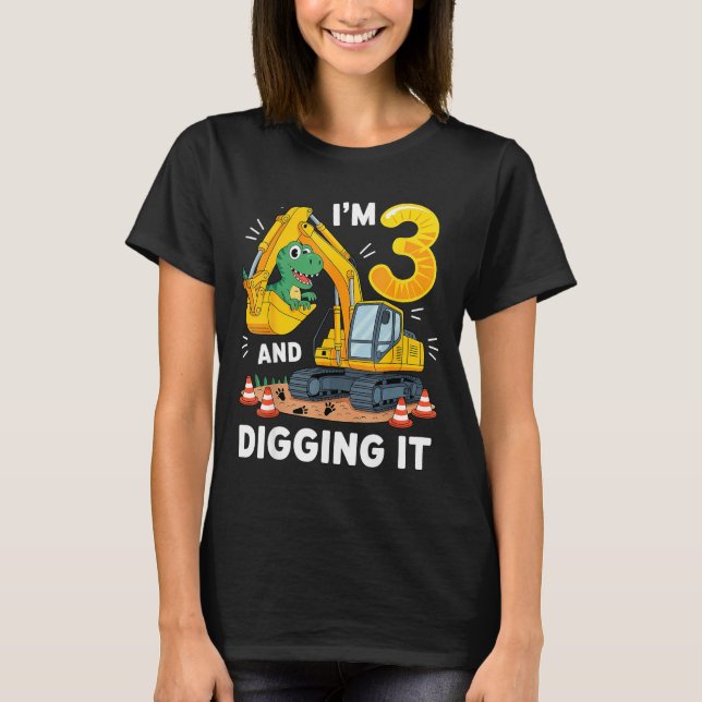 Camiseta Tres 3 años Cumpleaños de Construcción Dinosaurio  (Anverso)