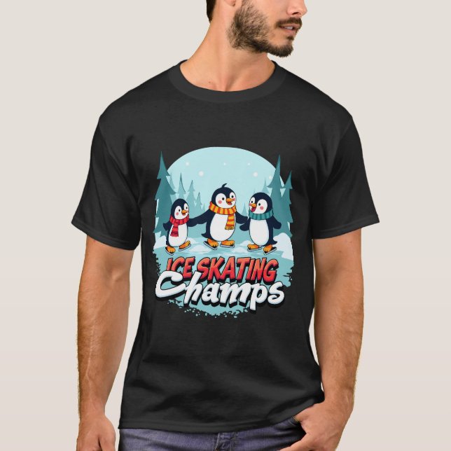 Camiseta Tres alegres pingüinos sosteniendo "ICE SKATING Ch (Anverso)