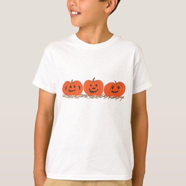 Camiseta Tres calabazas del feliz Halloween que se sientan (Anverso)
