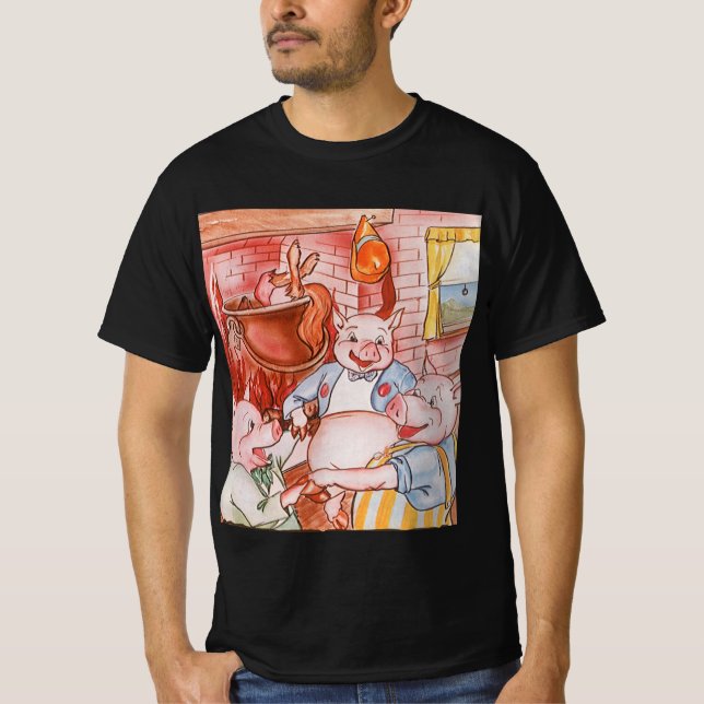 Camiseta Tres Cerditos Cocinando Lobo, Historias de hadas a (Anverso)