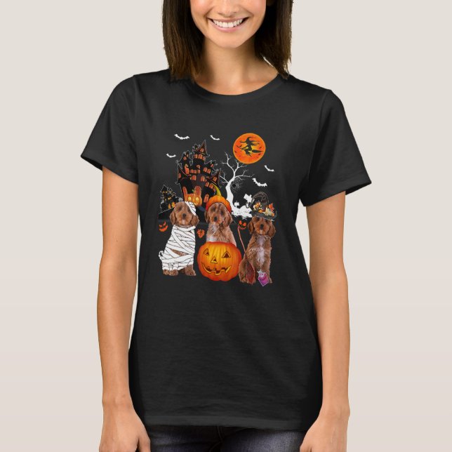 Camiseta Tres Cockapoos Halloween Mummy Sasuy Witch con P (Anverso)