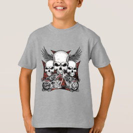 Camiseta Tres cráneo con motocicleta de helicóptero rojo T-