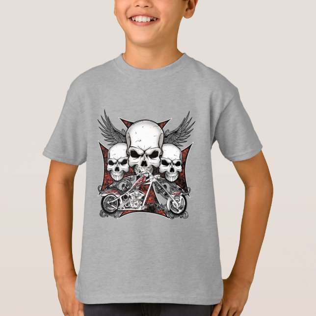 Camiseta Tres cráneo con motocicleta de helicóptero rojo T- (Anverso)
